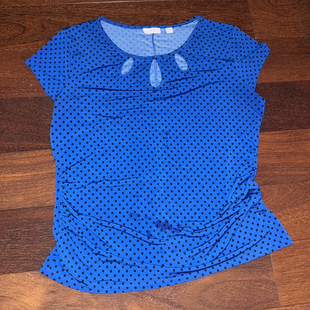 New York and company Blue Polka black Dot Keyhole Cap Sleeve Top size L